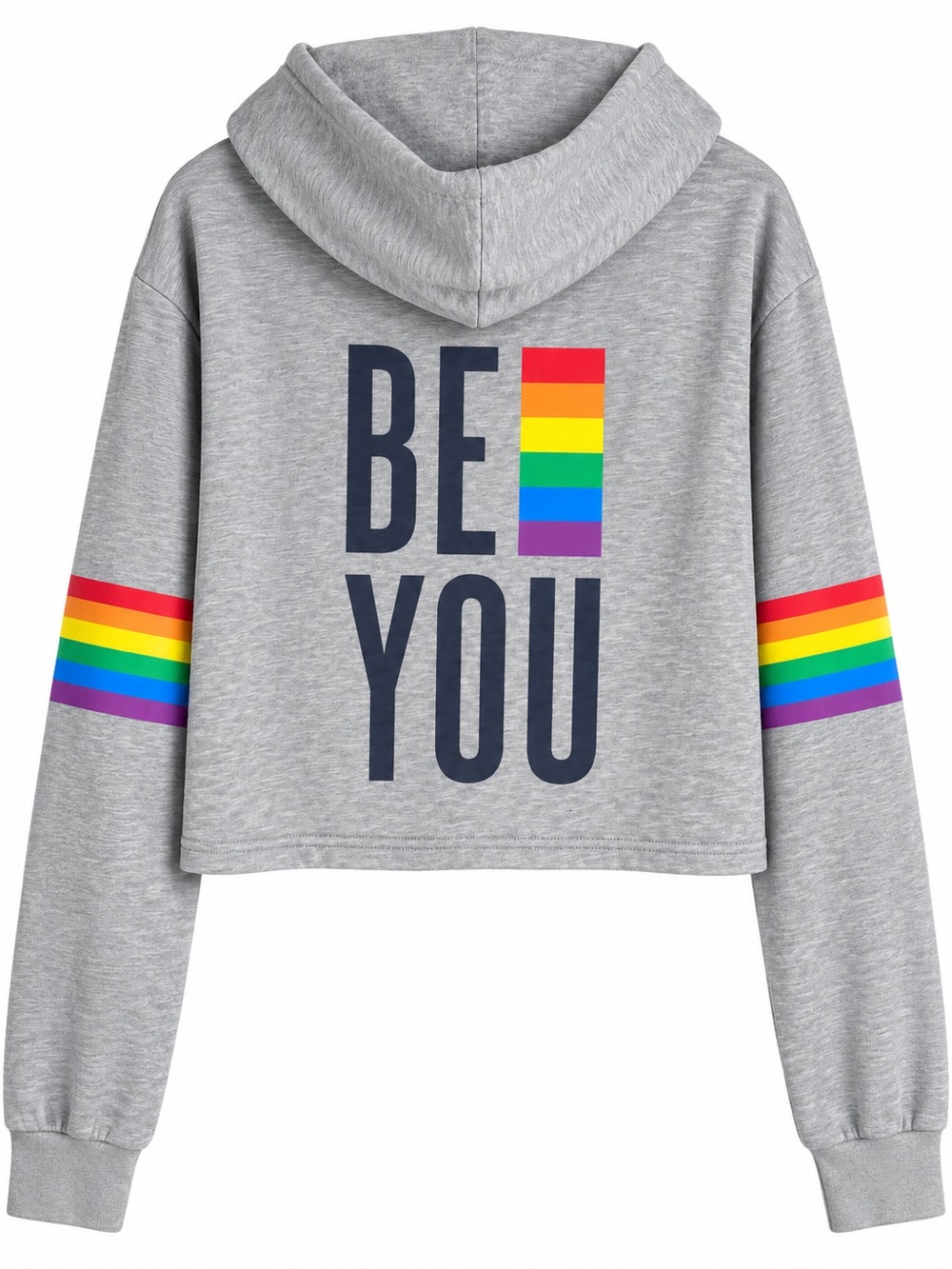 PRIDE Grey Cropped Hoodie with Rainbow Stripes